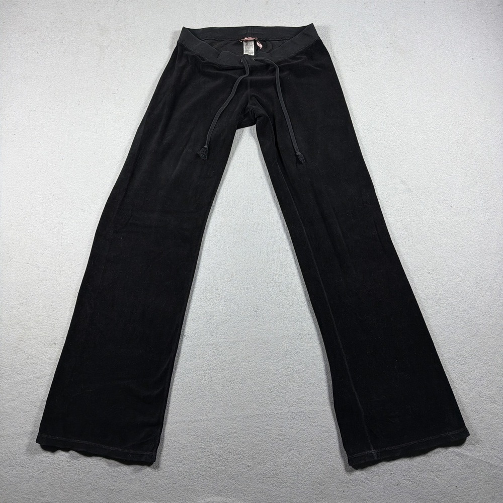 VTG Juicy Couture Sweatpants Women M Black Velour Super Low Rise Flare Y2K